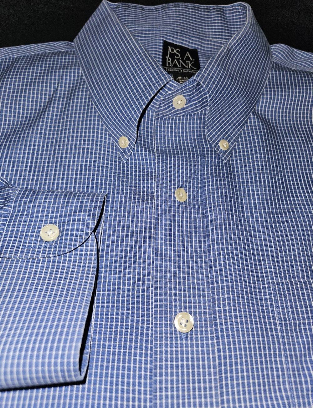 Joseph A Bank Travelers Collection Dress Shirt 18/34 Blue Check Button Down EUC